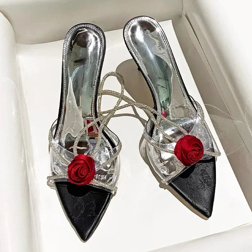 Soufree  -  Sexy Rose Flower Rhinestone Slingback Women Sandals Narrow Band Pointed Toe Back Strap High Heels Luxury Wedding Dress Shoes