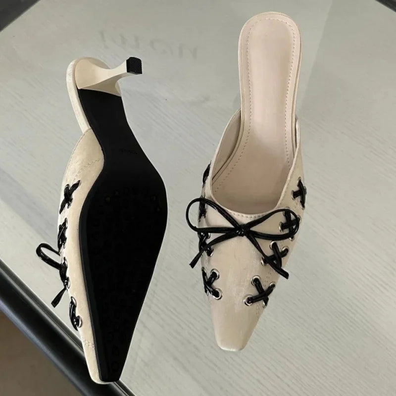 Soufree  -  Sexy Sling Bow Design Pointed Toe High-heeled Sandals for Women Elegant Low Heel Slippers Fashion Party Dress Pumps High Heels