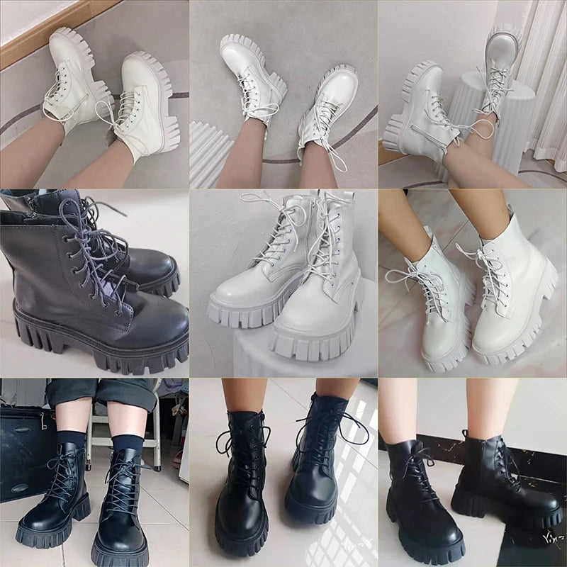 Soufree  -   Chunky Platform Ankle Boots Women Pu Leather Square Heels Combat Boots Woman Lace Up White Black Short Booties Female