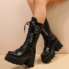 Soufree  -  New Punk Motorcycle Boots Women Patent Leather Wedges Platform Mid Calf Boots Woman Lace-Up Chunky Heel Gothic Botas Mujer