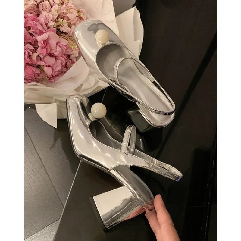 Soufree  -  Fairy Wind Silver Mary Jane Shoes Female Summer New Single Shoes Chunky Heels Pearl Bow-head Sandals Female Pumps