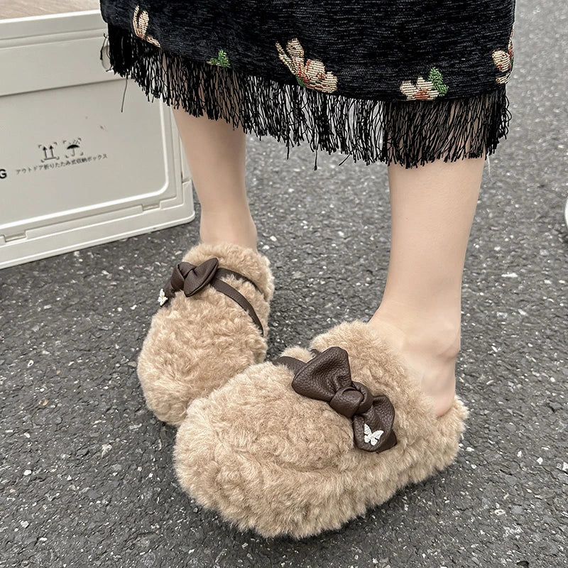 Soufree  -  Shoes Ladies' Slippers Platform Flock Fur Flip Flops Med Cover Toe Massage Flat Plush Rome Slides PU Fabric Rubber House Slipper