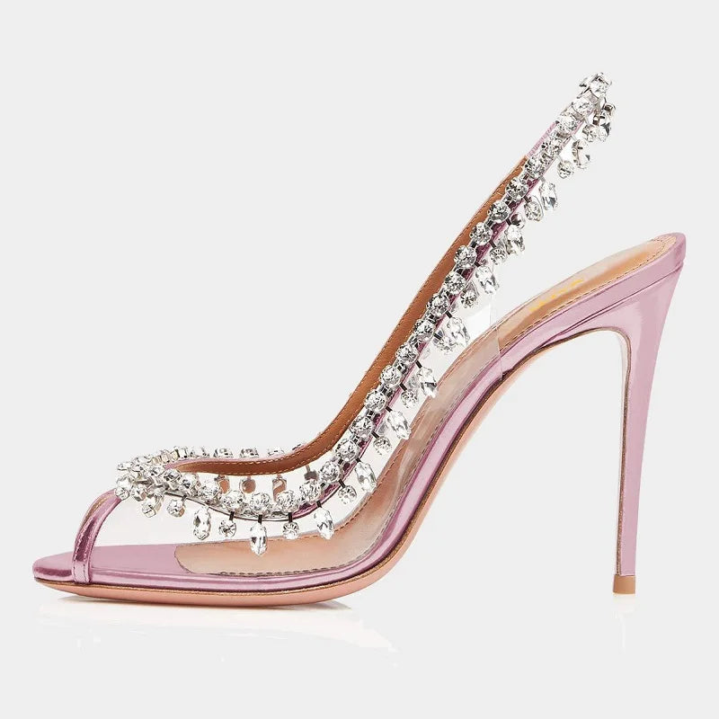 Soufree  -  Silver Pink PVC Clear Heeled Sandals Women Pumps Sexy Rhinestones Thin High Heels Shoes Pointed Toes Party Nightclub Sandals