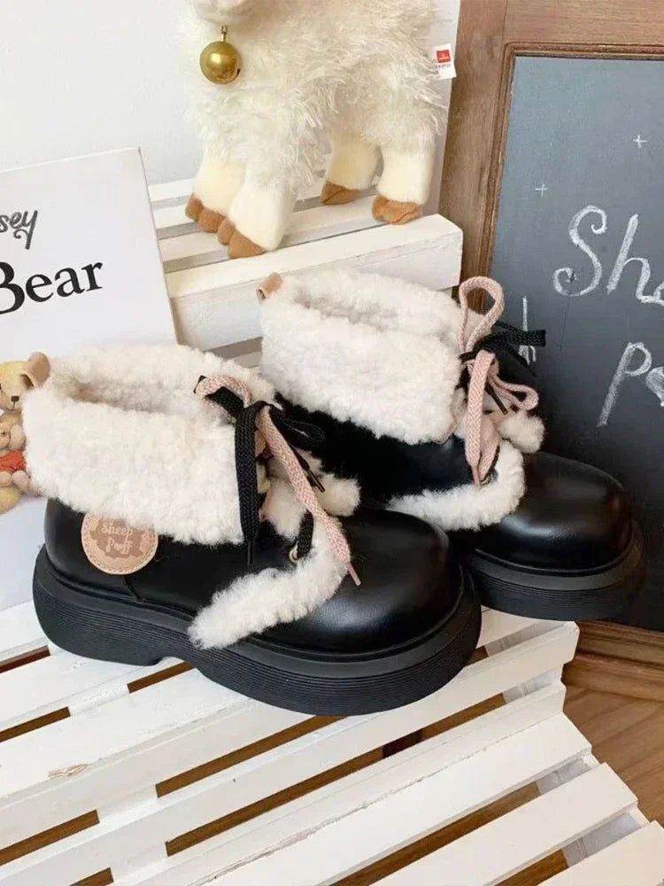 Soufree  -  Furry Women Booties New Winter Plush Warm Lolita Woman Sweet Cute Girl Platform Shoes Waterproof Non-slip Ankle Snow Boots