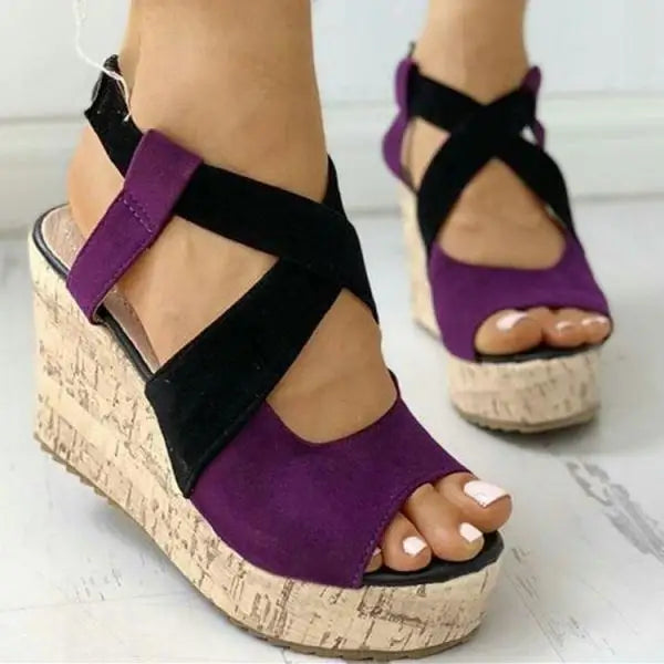 Soufree  -  Cross Large Size Beige Heeled Sandals Velvet Shoes Cross-Shoes Clogs Wedge Summer Espadrilles Platform Big Black High Suede