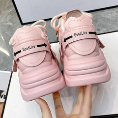 Soufree  -  Classic Chunky Sneakers Women Flats PU Lace up Mid Heels Round Toe Women Shoes Breathable Platform Vulcanize Shoes Plus Size