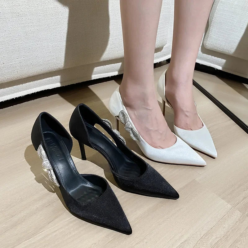 Soufree  -  prom shoes Luxury Satin Sexy Pointed Toe Thin Heels Women Shallow Diamond Designer Brand Wedding Shoes Fashion Elegant Party Women Pumps