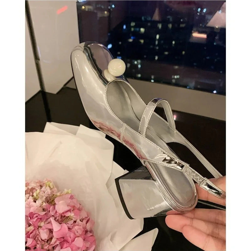 Soufree  -  Fairy Wind Silver Mary Jane Shoes Female Summer New Single Shoes Chunky Heels Pearl Bow-head Sandals Female Pumps