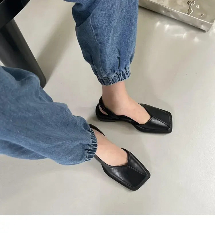 Soufree  -  Square Toe Summer Elegant Ladies Sandals Fashion Ladies Elastic Band Flat Heel Women Shallow Party Shoes Square Heel Sandal