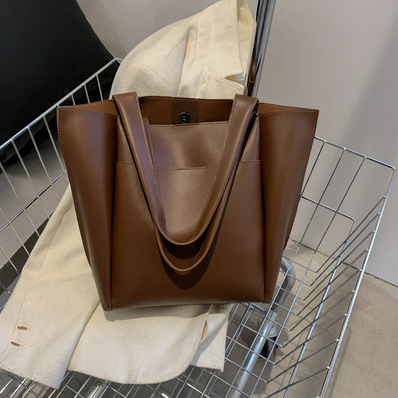 Soufree  High Quality Soft Leather Woman Casual Tote Shopper Solid Color Handbags Large Capacity Single Shoulder Bag with Outer Pocket