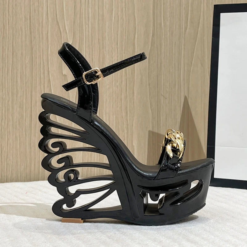 Soufree  -  Luxury Sandals Women Designers Riveted Metal Chain Transparent High Heels Open Toe Gold Wedges Platform Sandals Sandalias Mujer