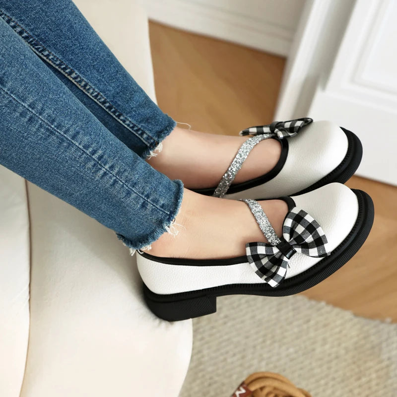 Soufree  -  Blue Pink White Lolita Style Sweet Girls Student Mary Jane Shoes Women Round Toe Platform Plaid Bow JK Uniform Flats Loafers 42