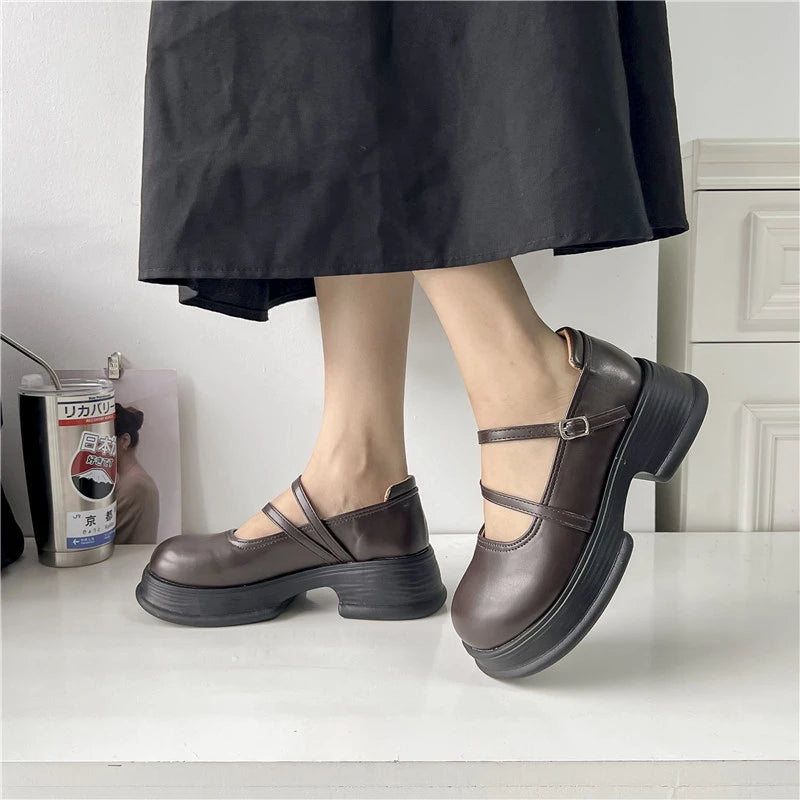 Soufree  -  Fashion Pumps Women Buckle Strap Square Mid Heels Solid Leather Oxford Shoes for Women Platform Summer Pumps Plus Size Zapatos