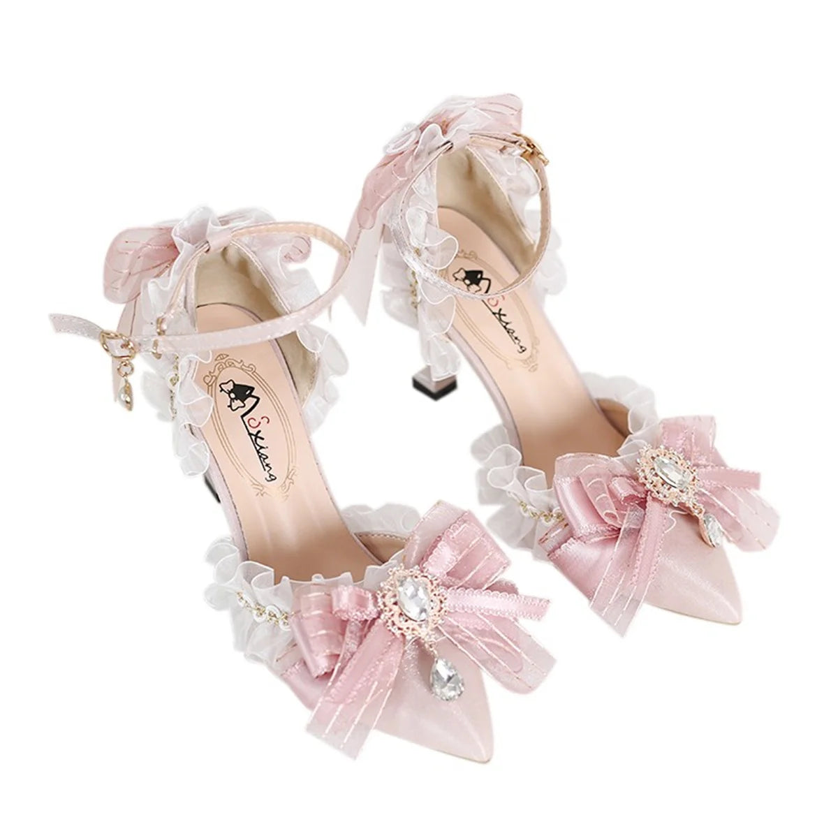 Soufree  -  Victoria Vintage Girl Shoes Elegant Gentle Solid Pointed Sandals Lace Ruffle Cameo Ribbon Bowknot Prom 5-8cm High Heel Shoes