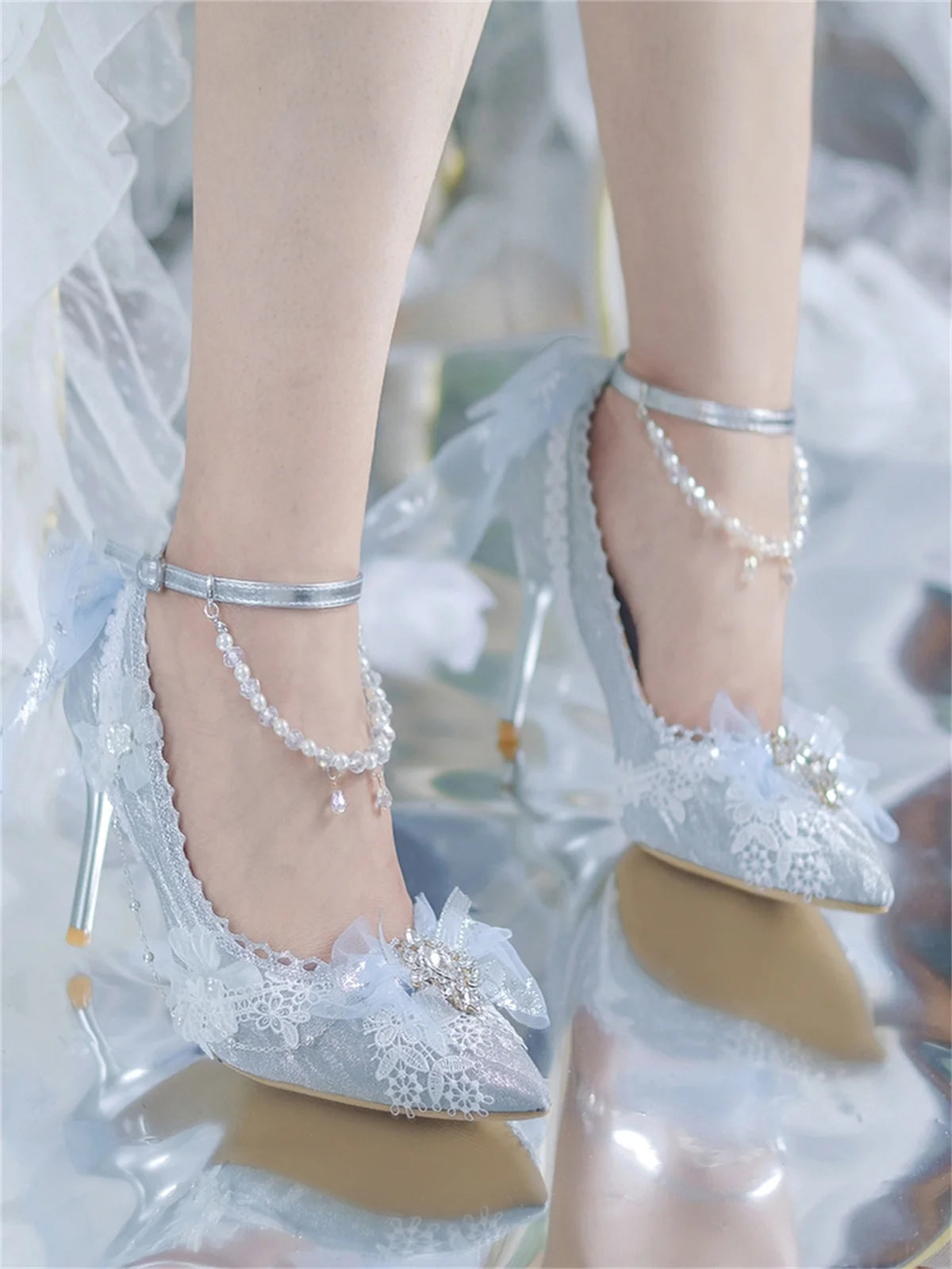 Soufree  -  French Lolita Elegant Palaca Girl Shoes Noble Gentle Tea Party Lace Bowknot Pearls Gems Wedding Pointed Sandals 8cm High Heeled