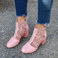 Soufree  -  Ethnic Style Women Retro Lace High Heels Ankle Boots Autumn Embroider Pointed Toe Platform Short Boot Thick Heeled Pumps Zapatos