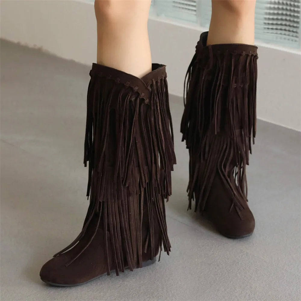 Soufree  -  Fashion Ethnic Woman Bohemian Flock Tassle Hidden Moccasin Mid-Calf Boots Fringe Female Slip On Shoes Autumn Winter New