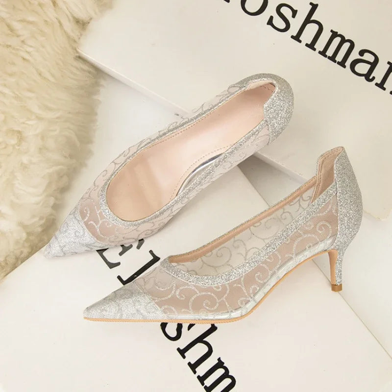 Soufree  -  Women's Shoes Spring New Fashion Pointy Sequins Mesh Breathable Stiletto Heels Shallow Sandals for Women Zapatos De Mujer