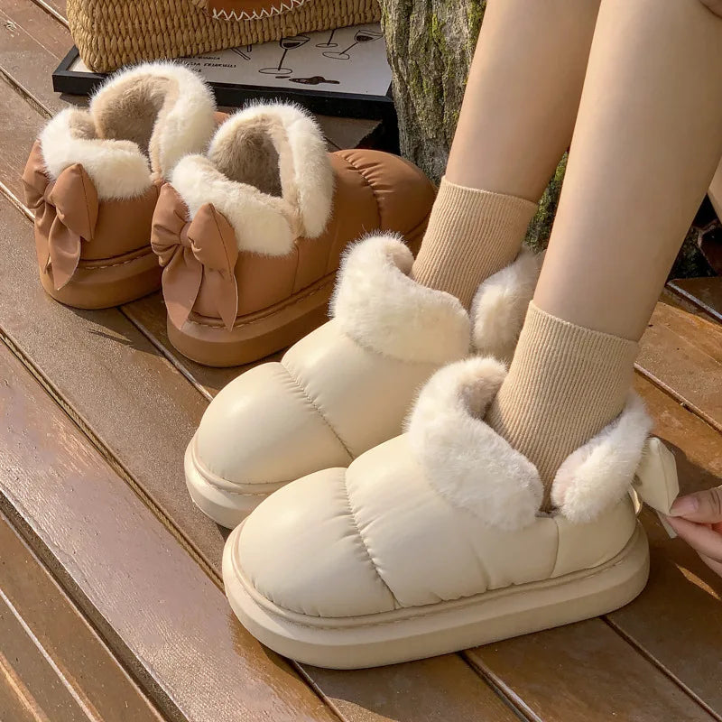 Soufree  -  Cute Warm Fluffy Slippers Winter Women's Indoor Soft Plush Bow Cotton Shoes New  Down Cloth Short Barrel Girls Snow Boots