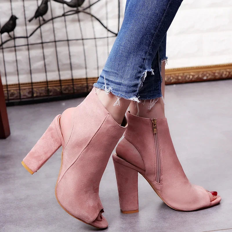 Soufree -  Spring Summers Ankle Boots Faux Suede Leather Casual Open Peep Toe High Heels Zipper Fashion Black Shoes for Women Botines Mujer