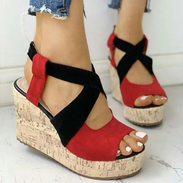 Soufree  -  Cross Large Size Beige Heeled Sandals Velvet Shoes Cross-Shoes Clogs Wedge Summer Espadrilles Platform Big Black High Suede