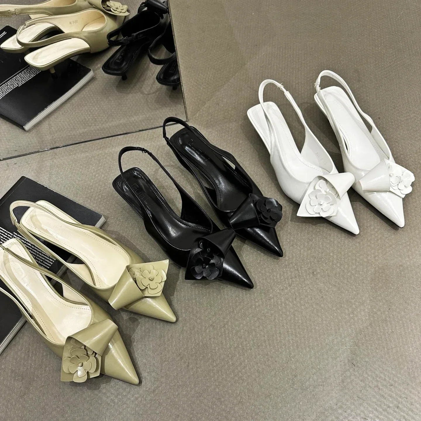 Soufree  -  Luxury Pointed Toe Bow Flower Sandals Designer Mule Pumps for Women Spring Elegant Brand Slingback Low Heel Shoe Banquet Dress