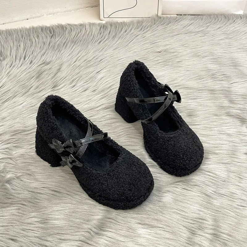 Soufree  -  Platform Lambs Wool Mary Jane Shoes for Woman Fashion Bowknot Fur Thick Sole Pumps Ladies Winter Warm Plush Dress High Heels