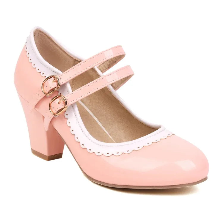 Soufree  - candy color patent leather Mary Jane shoe chunky heel women shoes ankle strap pumps party cosplay uniform wedding shoes