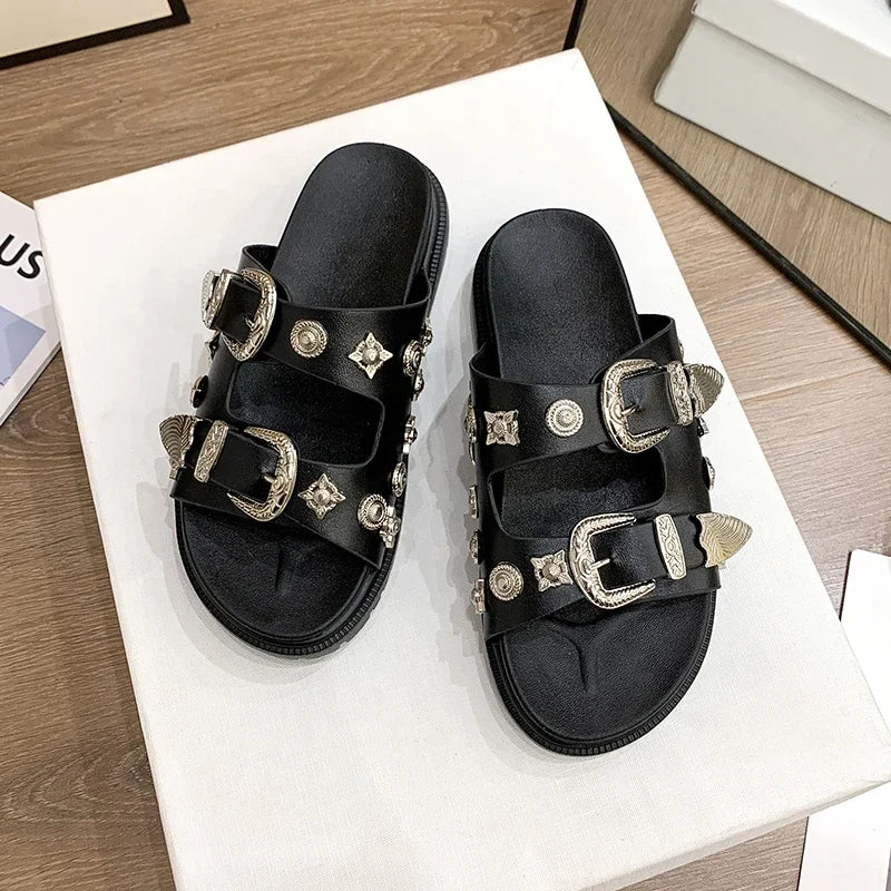 Soufree  -  Summer Punk Rock Women Slippers Rivets Platform Leather Mules Creative Metal Fittings Slippers Female Casual Sandals Shoe Slides