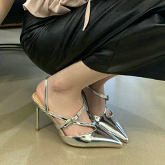 Soufree  -  New Design Silver Patent Leather Pumps Cross Line Buckle Pointy Heel Sandals For Women