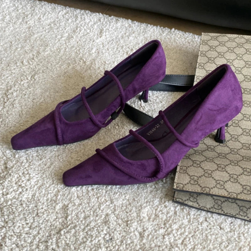 Soufree  - Purple Designer High Heeled Slim Brand Luxury High Heels Suede Pointed Toe Pumps Women Elegant Low Heeled Office Women Shoes