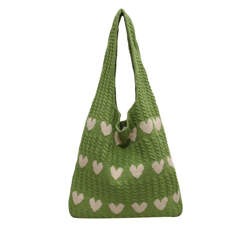 Soufree  -  Heart Knitted Women's Bag Knit Eco Bag Korean Foldable Shopper Y2K Crochet Rope Shoulder Bag Sweet Knitting Handbag Ins Tote Bag