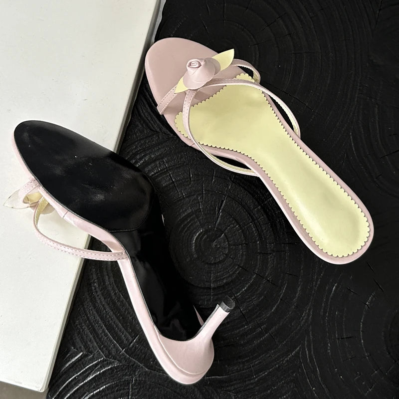 Soufree  -  Summer NEW Women Sandals PU Pointed Toe Sewing Flower Thin High Heels Shallow Slippers Solid Heeled Sandals Mules