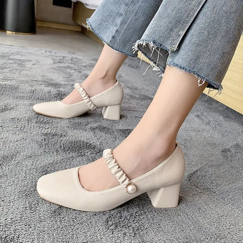 Soufree  -  Block Heel Shoes for Woman Pumps Women's Summer Footwear High Heels on Heeled Normal Leather Casual Chunky A Korean Style E