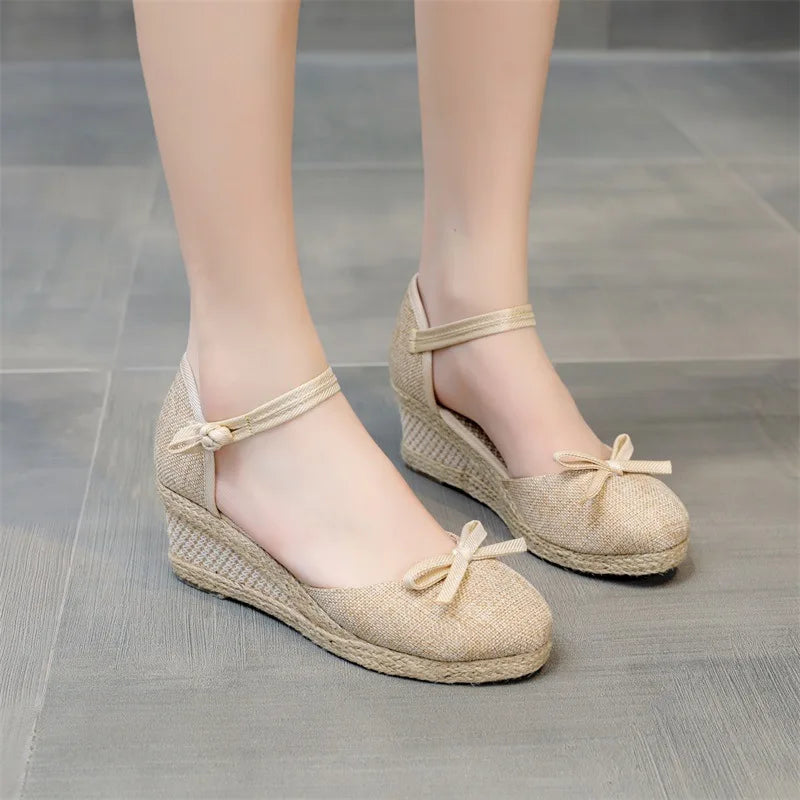 Soufree  -  Female Sandal Fashion Womens Shoes  Clogs Wedge Flax Large Size Girls Luxury New Beige Platform Linen Comfort Pointed Low