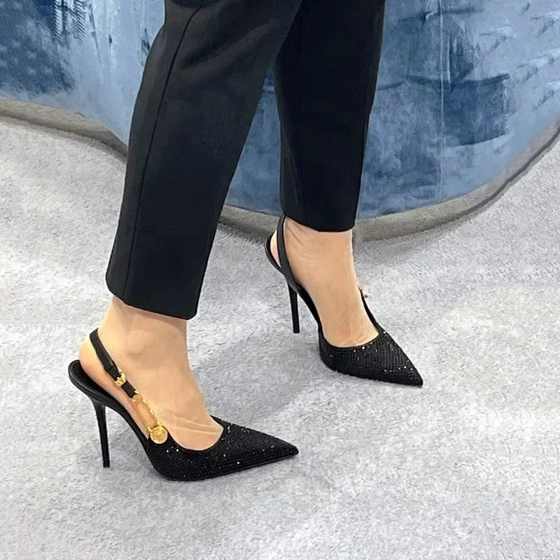 Soufree  -  New Spring/Summer Pointed Rhinestone High Heels, Women's Black Slim Heels, French Versatile, Sexy Hollow Headed Sandals