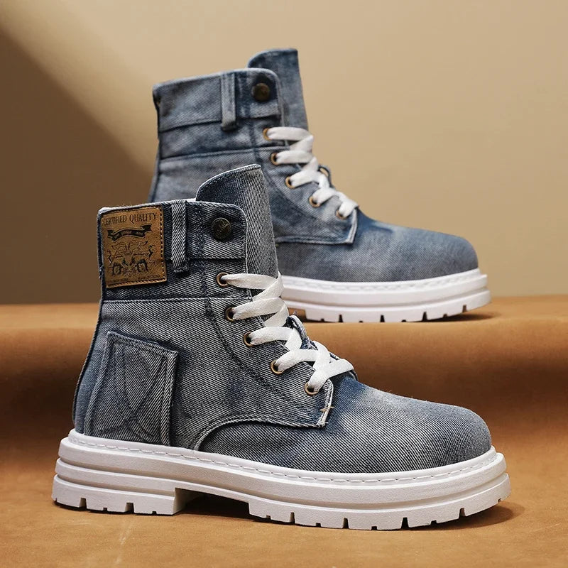 Soufree  -  Men's High Top Retro Denim Sneakers Are Fashionable Versatile, Lightweight and Outdoor Lace Up High Top Shoes  Hard-Wearing