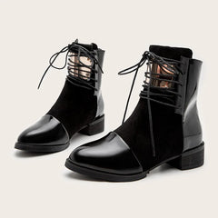 Soufree  -  Strappy Chunky Heel Flat Boots Women Autumn Winter Zipper Ankle Boots for Women Leather Patchwork Square Toe Botas Mujer