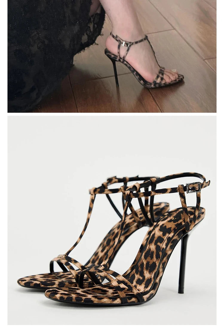 Soufree  -  Leopard print high heels, sexy small stature, temperament, thin heels, summer open toe buckle sandals, women's new model