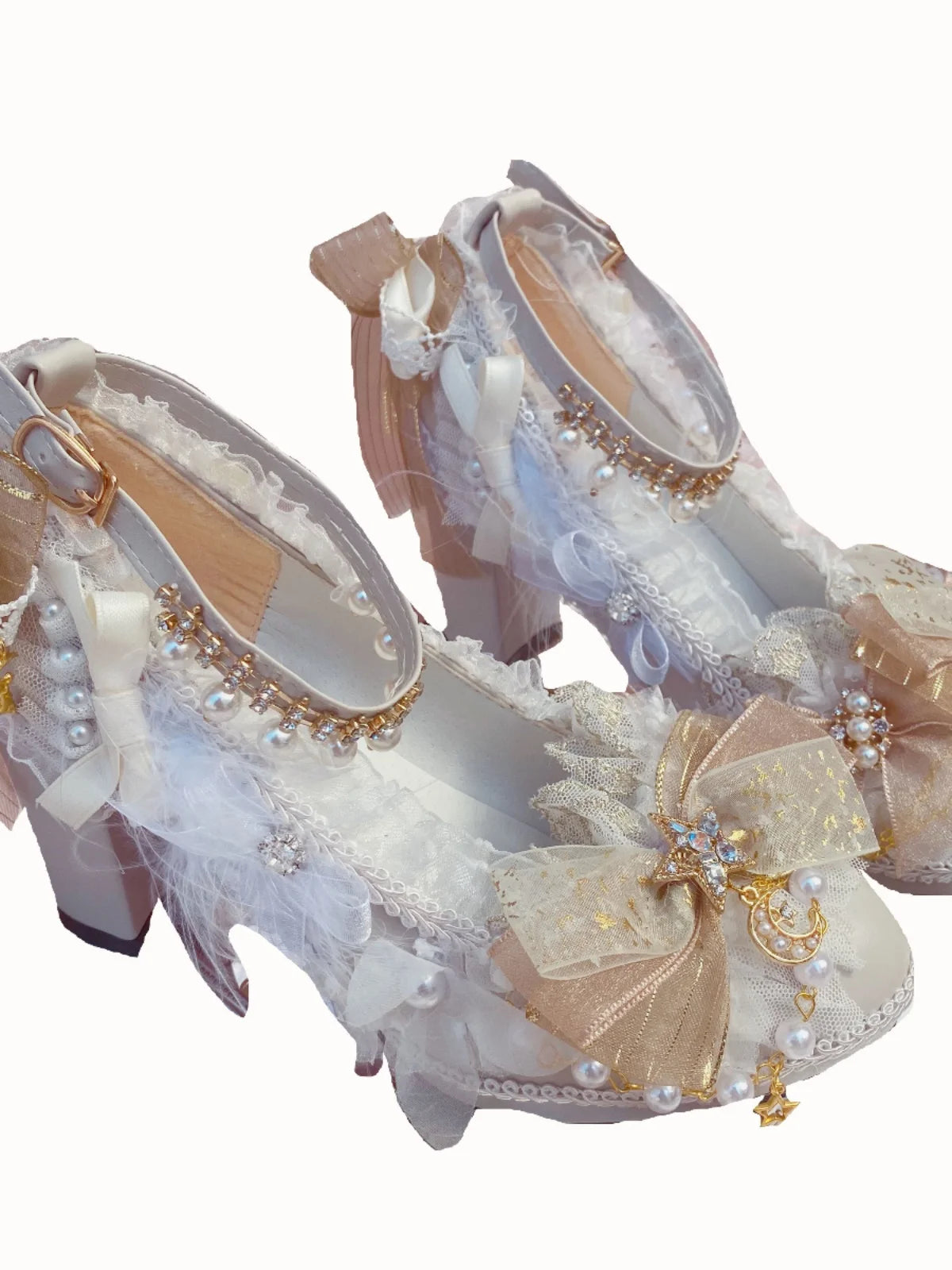 Soufree  -  Girl's Heart Handmade Sweet Flower Wedding High Heels White Gold Female Lolita High Heels Thick Heels Lo Shoes Stage Performance