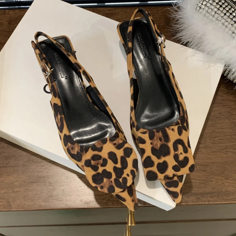 Soufree  -  Fashion Denim Low Heel Mules Shoes Women Square Button Designer Shoes Hollow Fashion Brand Leopard Pointed Pumps Sandals Women