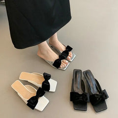 Soufree  -  Summer New Square Head Small Slippers with Silver Bow with Flip-flops Women's Slip-on Women's Shoes High Heels