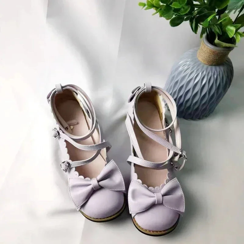 Soufree  -  Lolita Shoes Women Flats Low Round With Cross Straps Bow Cute Girls Princess Tea Party Shoes Students Lovely Shoes Size 34-41