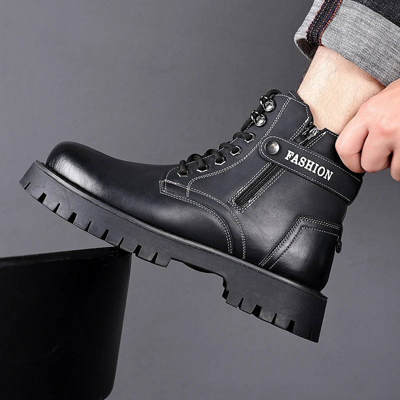 Soufree  -  Brand Outdoor Thick Soled Genuine Leather Men's Boots Cotton-padded Shoes Fur Warm Working Men Boots Wool Outdoor Leather Boots