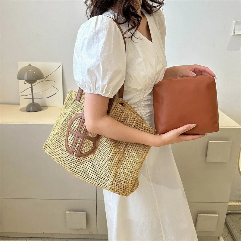 Soufree  -  Straw Hollow Out Knitting Tote Bag Large Capacity Handmade Shoulder Handbag Women Designer Casual Beach Bag Ethnic Style