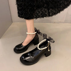 Soufree  -  Pearls High Heeled Mary Jane Shoes Bow Tie Chunky Heel Sandals Square Toe Black Fashion High Heel Sandals Women's Sandals