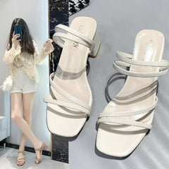 Soufree  -  summer shoes New Women Sandals Ladies Square Heels Elegant Summer Slippers Fashion Woman Sandals Fashion Low-heel Sandals for Women