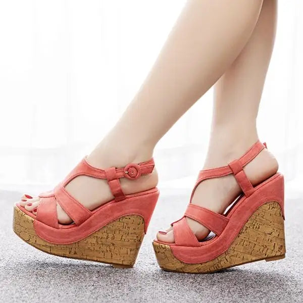 Soufree  -  Cross Large Size Beige Heeled Sandals Velvet Shoes Cross-Shoes Clogs Wedge Summer Espadrilles Platform Big Black High Suede