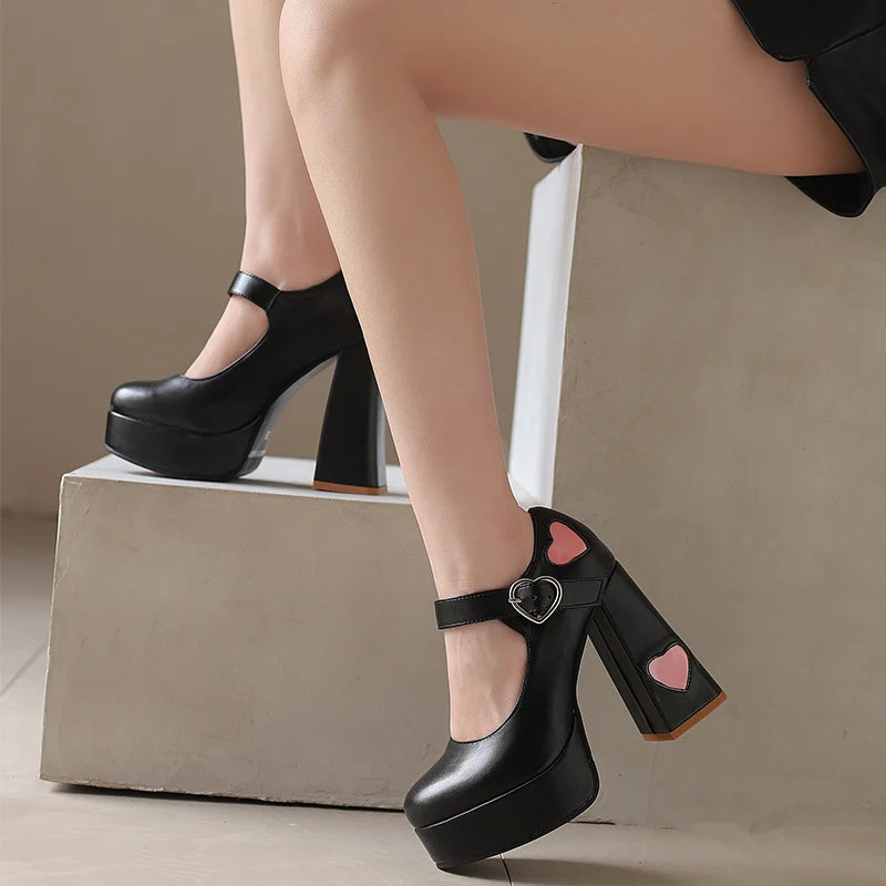 Soufree  -  Sexy Heart Shaped Women Super High Heels Pumps Spring Autumn Round Toe Platform Buckle Strap Shallow Mary Jane Shoes White Pink