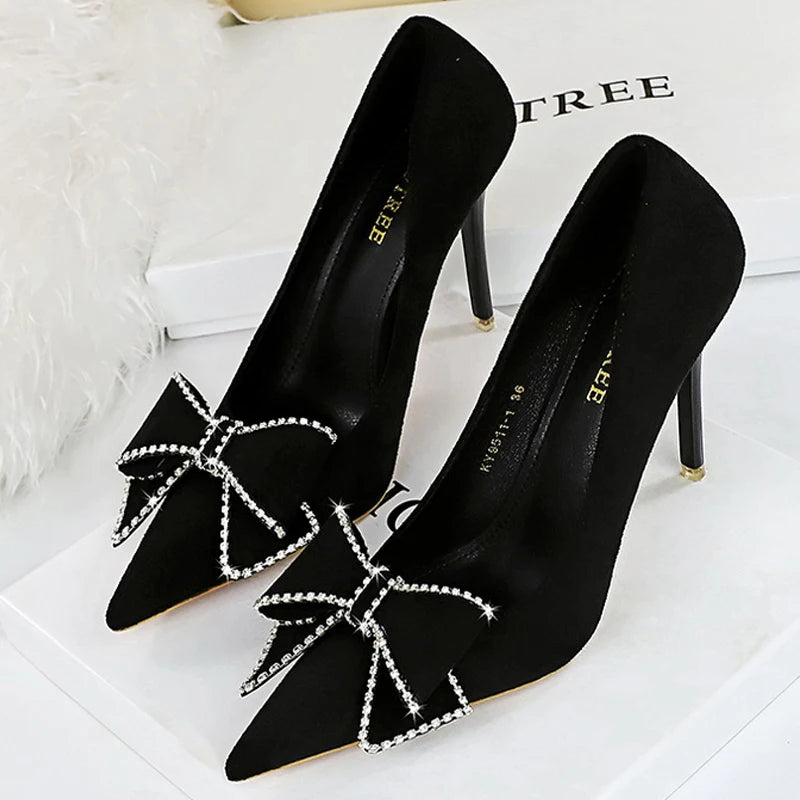 Soufree  - Rhinestone Bowknot Woman Pumps Suede High Heels Sexy Party Shoes Pointed Stilettos Women Heels Luxury Pumps Large Size 42 43